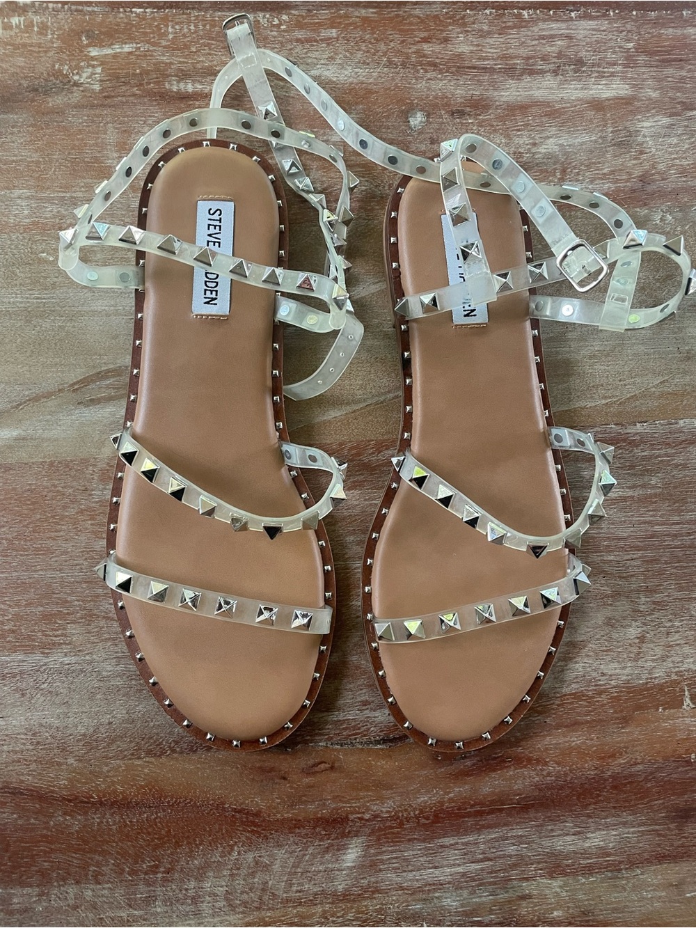 Steve Madden Clear Studded Lace-Up Sandals with Tan Footbed